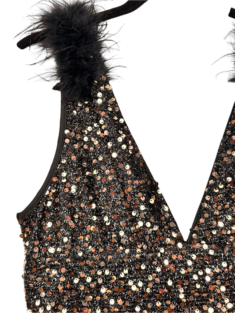 Sequin Feather-Trim Black V-Neck Cocktail Dress, XL Bodycon, Formal Event - Picture 5 of 9